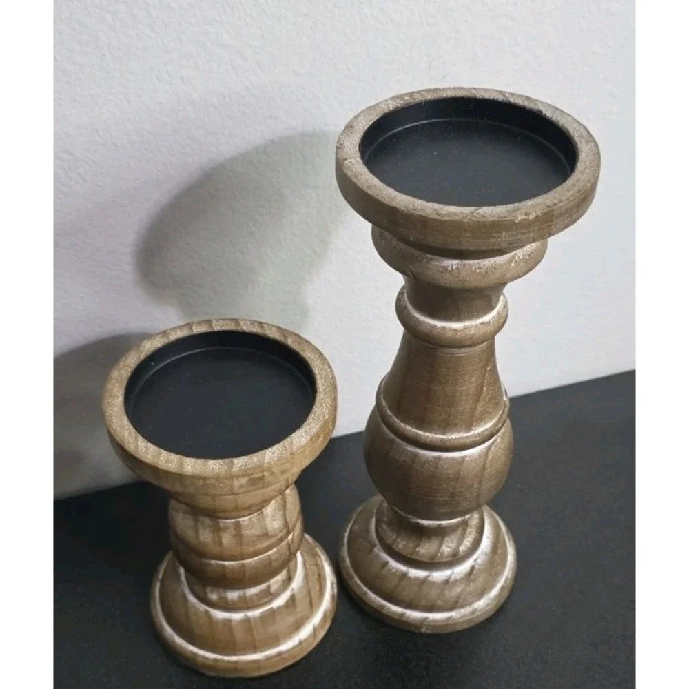 Wooden Candlesticks Pair Candle Holder Round Rustic Farmhouse‎ Decor Cottage NEW